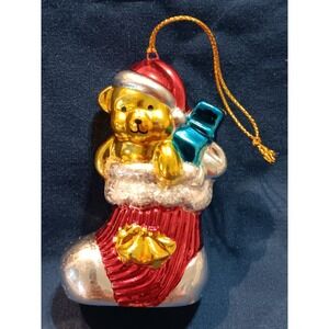 Avon 1998 Ceramic Teddy Bear in Stocking Christmas Ornament Gold‎ Red Blue